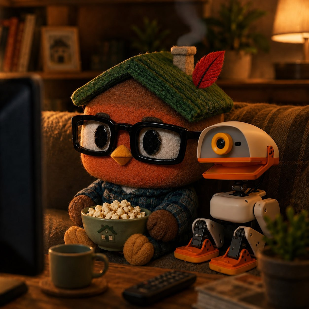 Robinhouse watching a movie with a robot